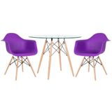 Mesa Redonda Eames Com Tampo De Vidro 100 Cm + 2 Cadeiras Eiffel Daw Roxo