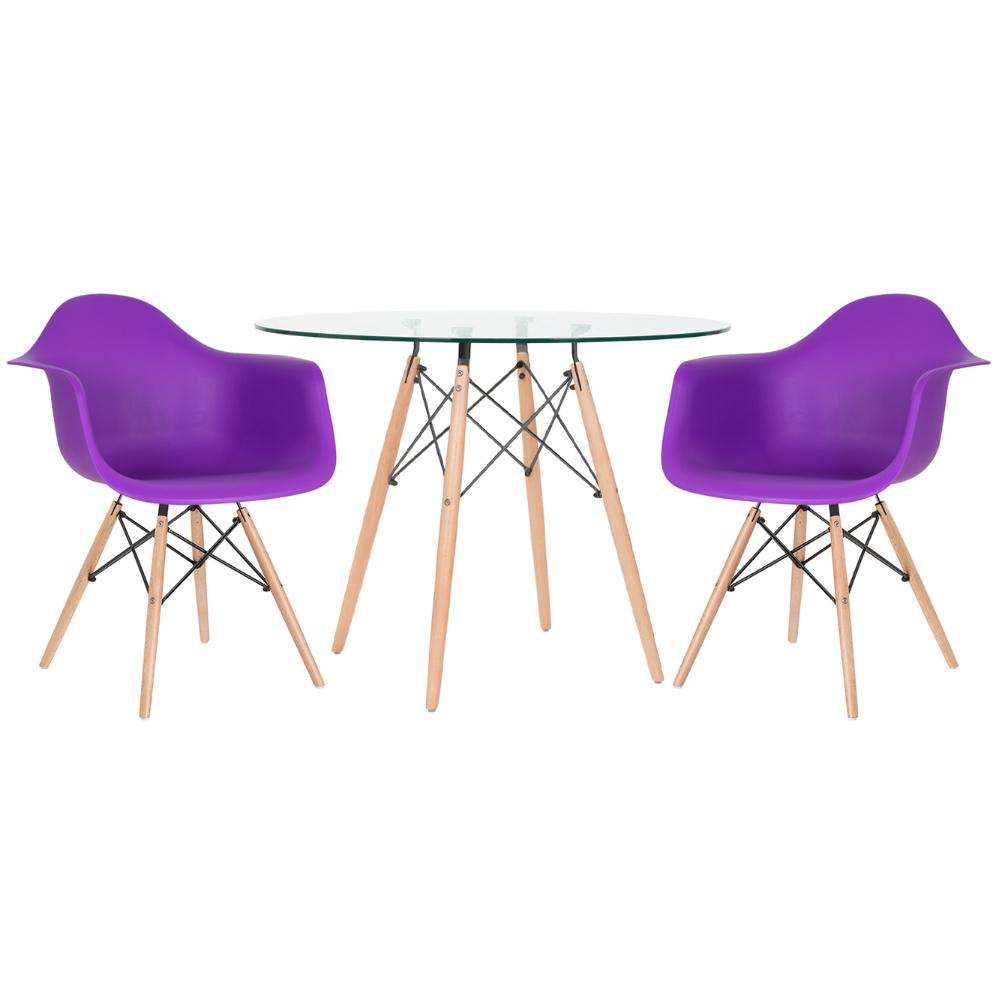 Mesa Redonda Eames Com Tampo De Vidro 100 Cm + 2 Cadeiras Eiffel Daw Roxo