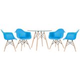 Mesa Redonda Tampo De Vidro 100 Cm + 4 Cadeiras Azul Céu