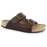 Sandália Slide Masculina Couro Fivela Lisa Leve Conforto Marrom Escuro 38