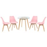 Mesa Redonda Com Tampo De Vidro 70 Cm + 4 Cadeiras Leda Rosa