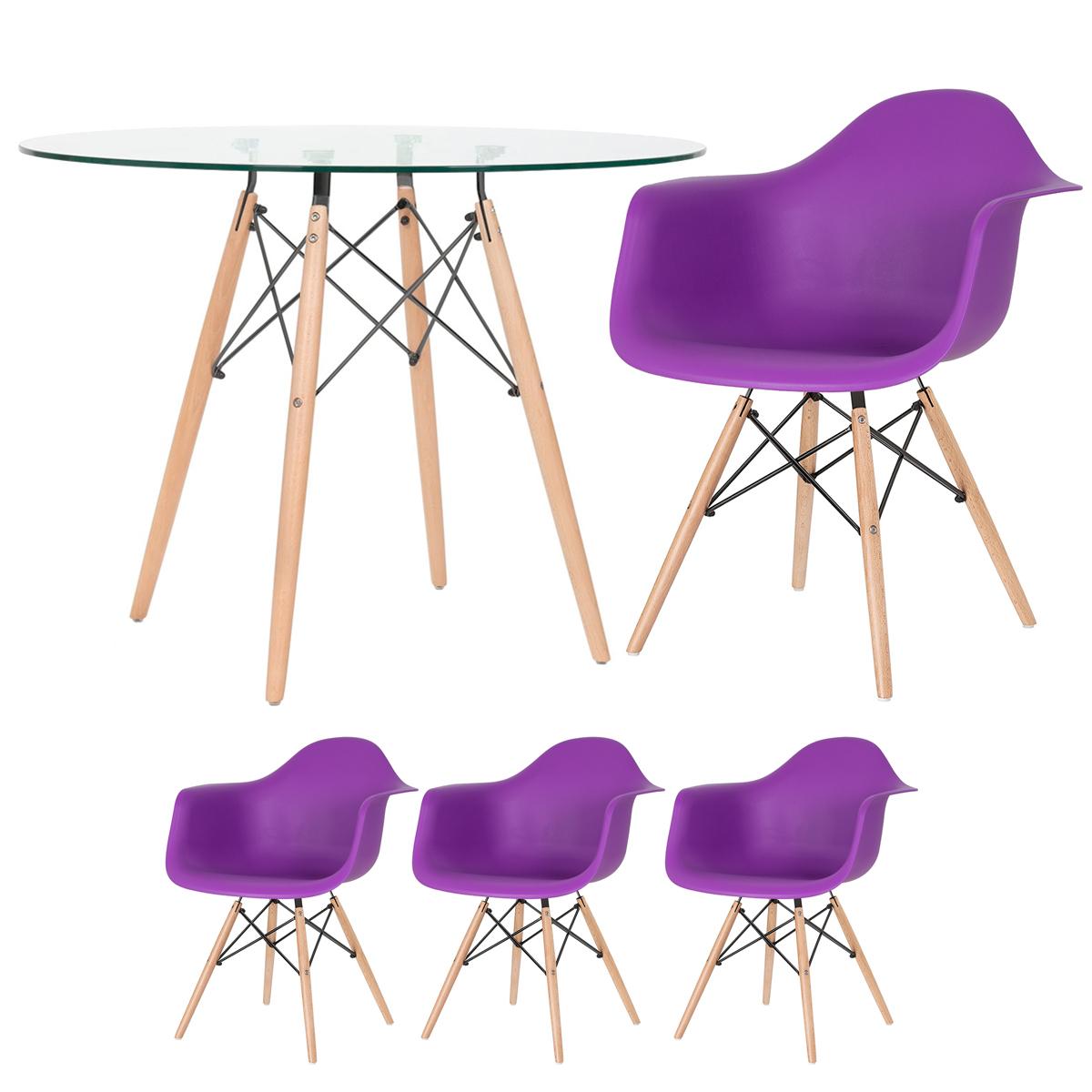 Mesa Redonda Eames Com Tampo De Vidro 100 Cm + 3 Cadeiras Eiffel Daw Roxo