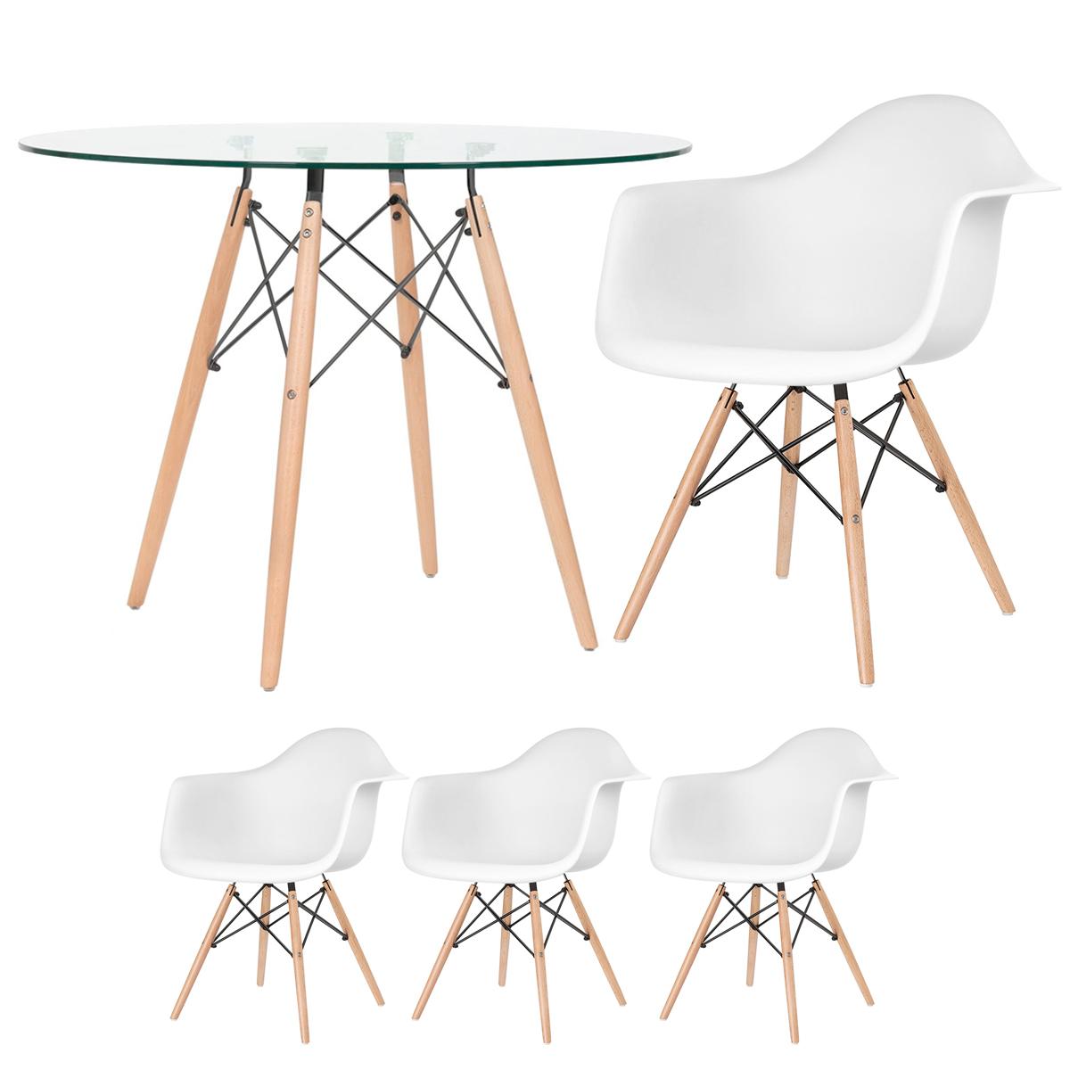 Mesa Redonda Eames Com Tampo De Vidro 100 Cm + 3 Cadeiras Eiffel Daw Branco