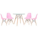 Kit - Mesa Redonda De Vidro Eames 80 Cm + 4 Cadeiras Eiffel Dsw Rosa Claro