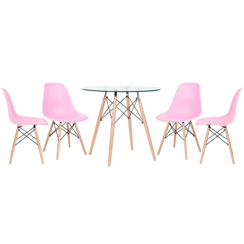 Kit - Mesa Redonda De Vidro Eames 80 Cm + 4 Cadeiras Eiffel Dsw Rosa Claro