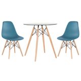 Mesa Redonda Eames Com Tampo De Vidro 70 Cm + 2 Cadeiras Eiffel Dsw Turquesa
