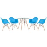 Kit - Mesa Redonda De Vidro Eames 80 Cm + 4 Cadeiras Eiffel Daw Azul Céu