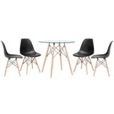 Kit - Mesa Redonda De Vidro Eames 80 Cm + 4 Cadeiras Eiffel Dsw Preto
