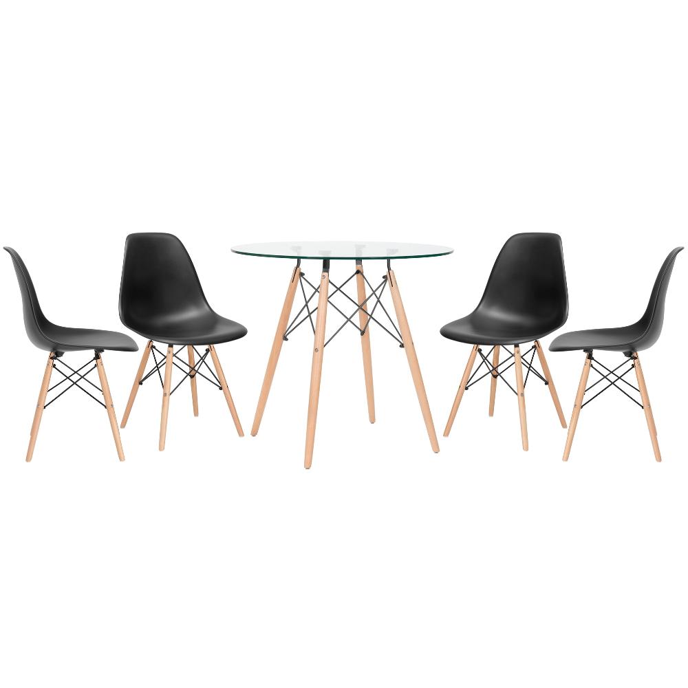 Kit - Mesa Redonda De Vidro Eames 80 Cm + 4 Cadeiras Eiffel Dsw Preto