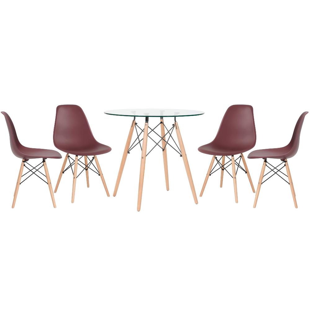 Kit - Mesa Redonda De Vidro Eames 80 Cm + 4 Cadeiras Eiffel Dsw Marrom