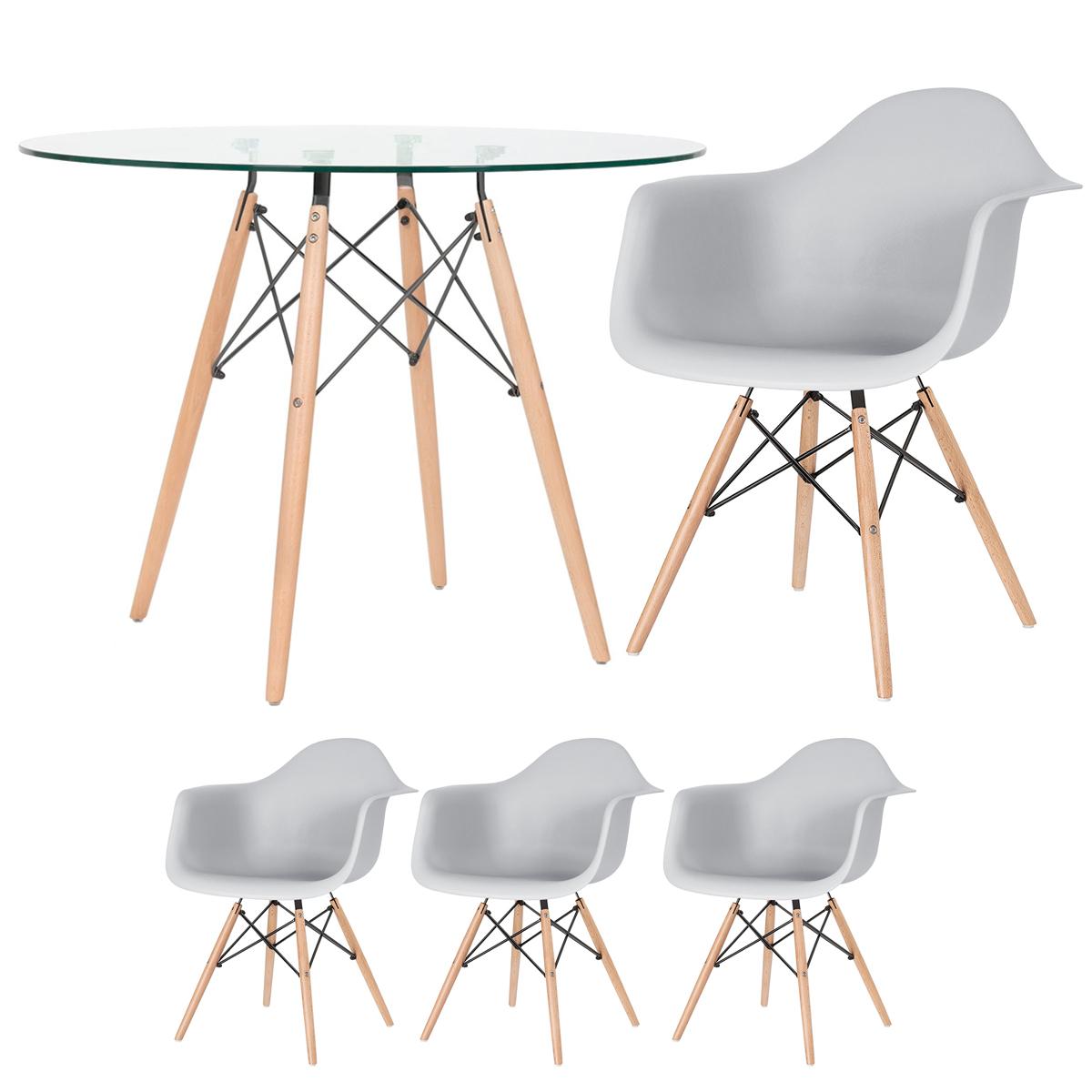 Mesa Redonda Eames Com Tampo De Vidro 100 Cm + 3 Cadeiras Eiffel Daw Cinza Claro