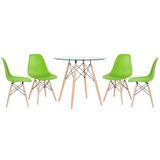 Kit - Mesa Redonda De Vidro Eames 80 Cm + 4 Cadeiras Eiffel Dsw Verde Claro