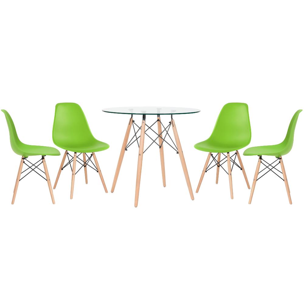 Kit - Mesa Redonda De Vidro Eames 80 Cm + 4 Cadeiras Eiffel Dsw Verde Claro