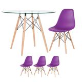 Mesa Redonda Eames Com Tampo De Vidro 100 Cm + 3 Cadeiras Eiffel Dsw Roxo