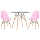 Mesa Redonda Eames Com Tampo De Vidro 80 Cm + 2 Cadeiras Eiffel Dsw Rosa Claro