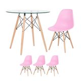 Mesa Redonda Eames Com Tampo De Vidro 80 Cm + 3 Cadeiras Eiffel Dsw Rosa Claro