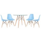 Mesa Redonda Eames Com Tampo De Vidro 90 Cm + 4 Cadeiras Eiffel Dsw Azul Claro