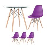 Mesa Redonda Eames Com Tampo De Vidro 80 Cm + 3 Cadeiras Eiffel Dsw Roxo