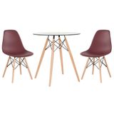 Mesa Redonda Eames Com Tampo De Vidro 70 Cm + 2 Cadeiras Eiffel Dsw Marrom