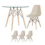 Mesa Redonda Eames Com Tampo De Vidro 90 Cm + 3 Cadeiras Eiffel Dsw Nude
