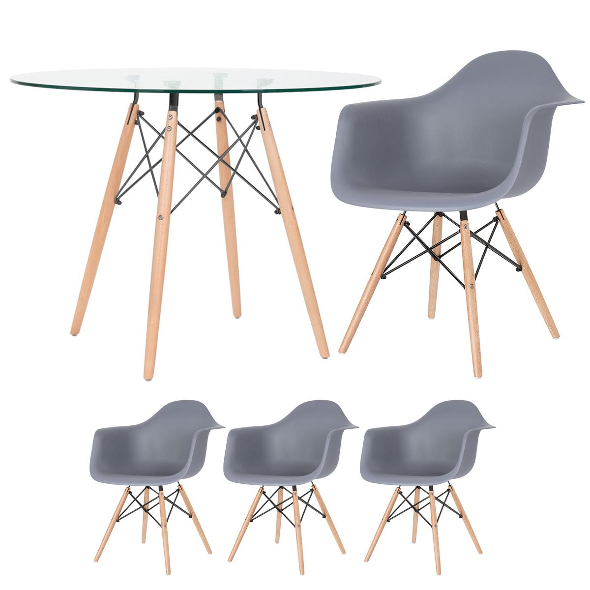 Mesa Redonda Eames Com Tampo De Vidro 100 Cm + 3 Cadeiras Eiffel Daw Cinza Escuro