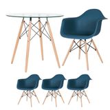 Kit - Mesa Redonda De Vidro Eames 80 Cm + 3 Cadeiras Eiffel Daw Azul Petróleo