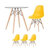 Mesa Redonda Eames Com Tampo De Vidro 70 Cm + 3 Cadeiras Eiffel Dsw Amarelo