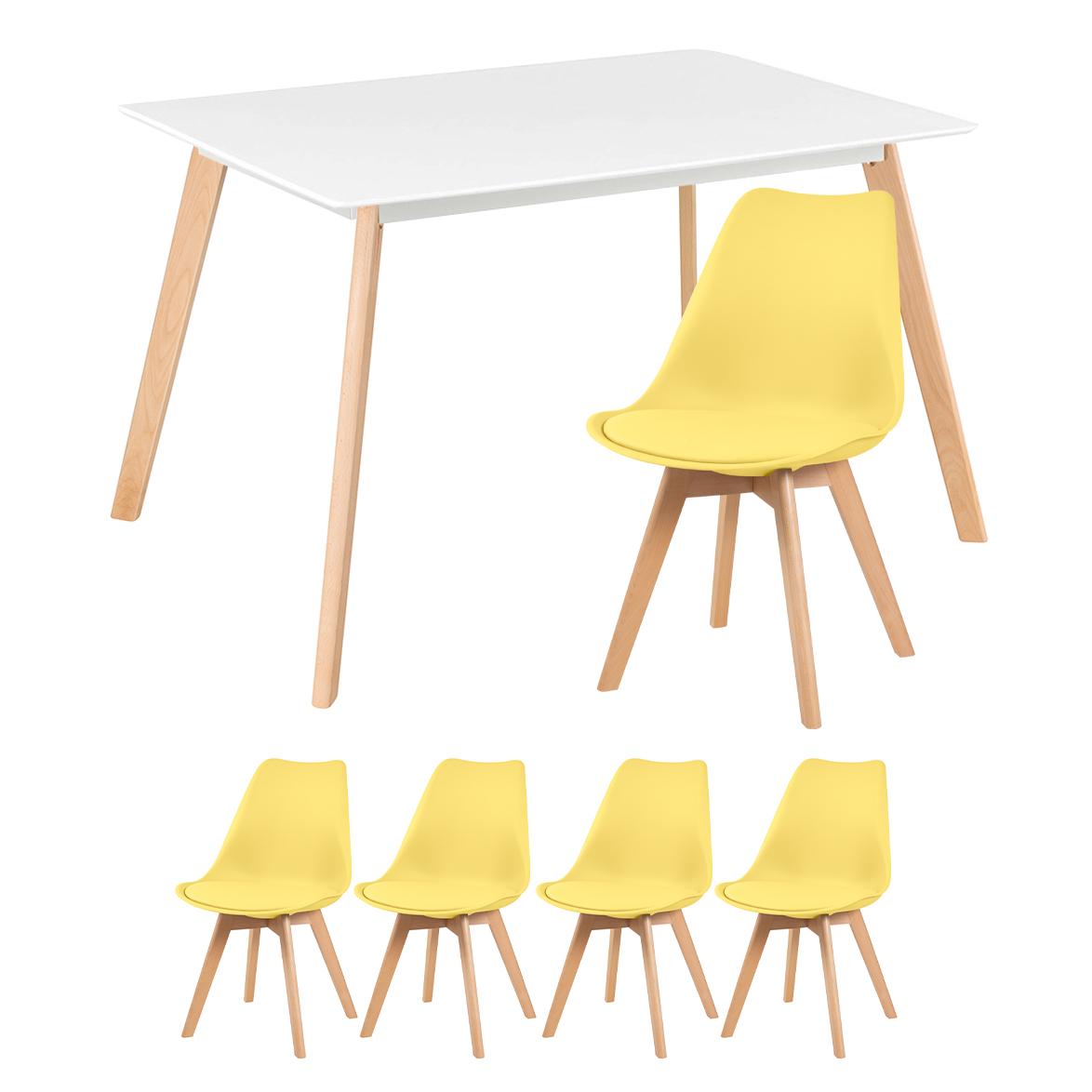 Mesa De Jantar Retangular 80 X 120 Cm Branco + 4 Cadeiras Estofadas Leda Amarelo