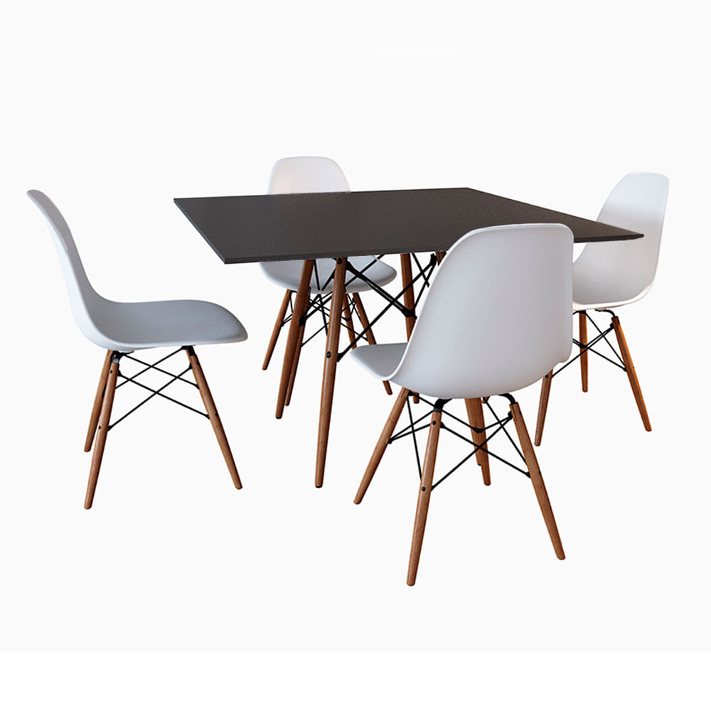 Mesa De Jantar Eames Eiffel Wood Quadrada Preta 90cm Base Madeira Maciça Com 4 Cadeiras Brancas