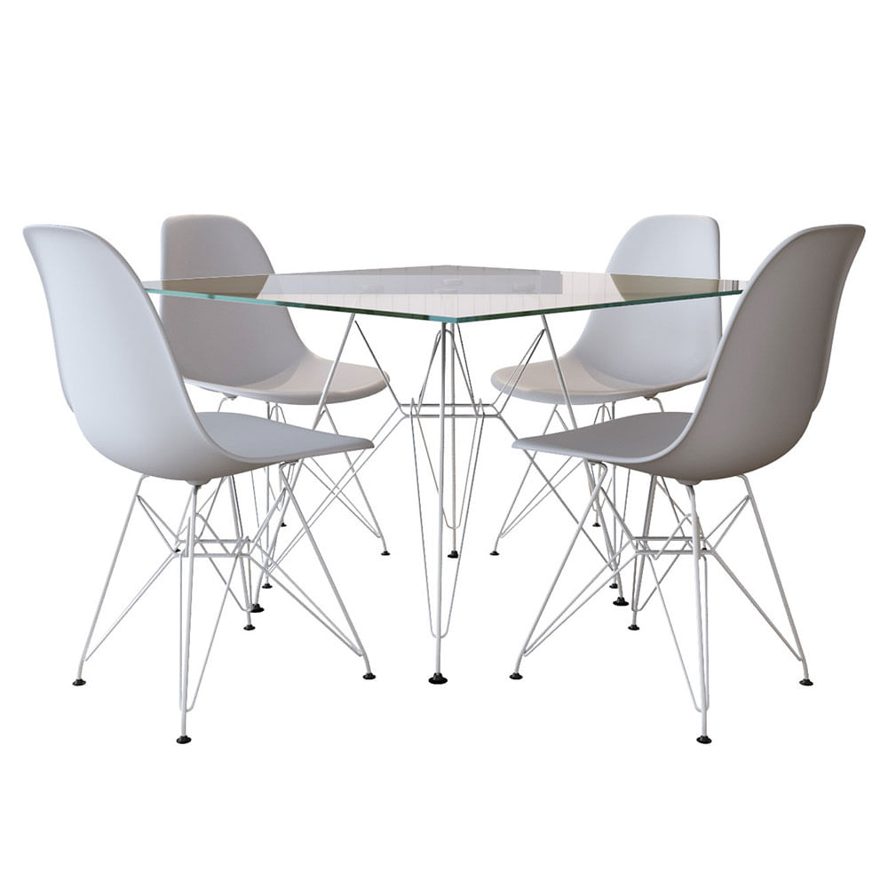 Mesa De Jantar Vidro Com 4 Cadeiras Brancas Eames Eiffel Quadrada 90cm Base Ferro Branco