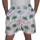 Short Masculino Tactel Estampado Coqueiros Conforto Verão Branco+rosa P