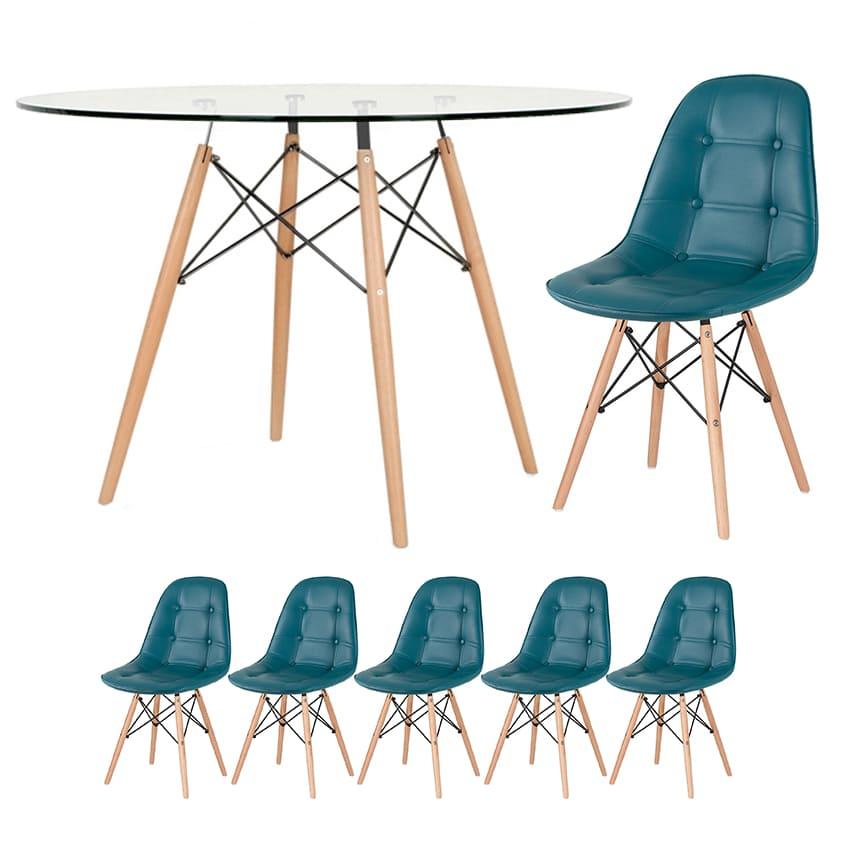 Mesa Eames Com Tampo De Vidro 120 Cm + 5 Cadeiras Estofadas Eiffel Botonê Turquesa