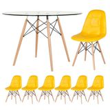 Mesa Eames Com Tampo De Vidro 120 Cm + 6 Cadeiras Estofadas Eiffel Botonê Amarelo