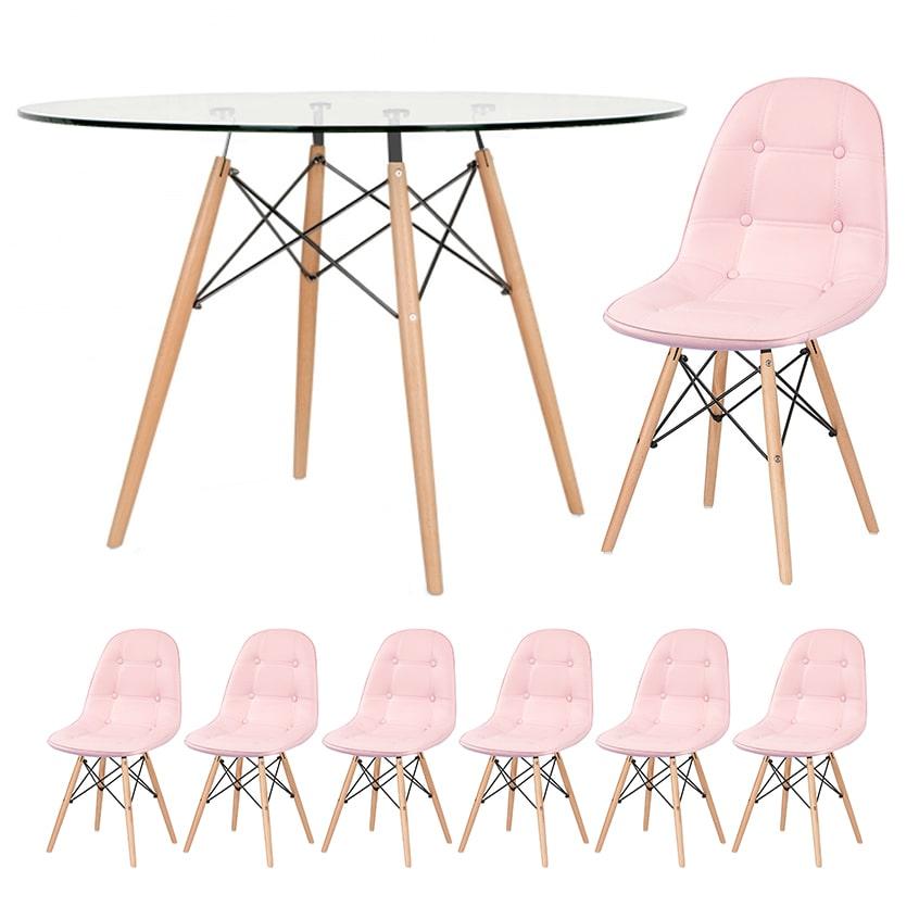 Mesa Eames Com Tampo De Vidro 120 Cm + 6 Cadeiras Estofadas Eiffel Botonê Rosa