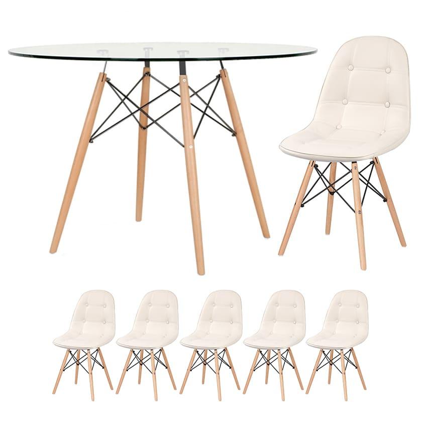 Mesa Eames Com Tampo De Vidro 120 Cm + 5 Cadeiras Estofadas Eiffel Botonê Creme