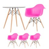 Kit - Mesa Redonda De Vidro Eames 70 Cm + 3 Cadeiras Eiffel Daw Rosa Pink