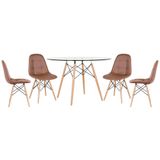 Mesa Eames Com Tampo De Vidro 120 Cm + 4 Cadeiras Estofadas Eiffel Botonê Marrom