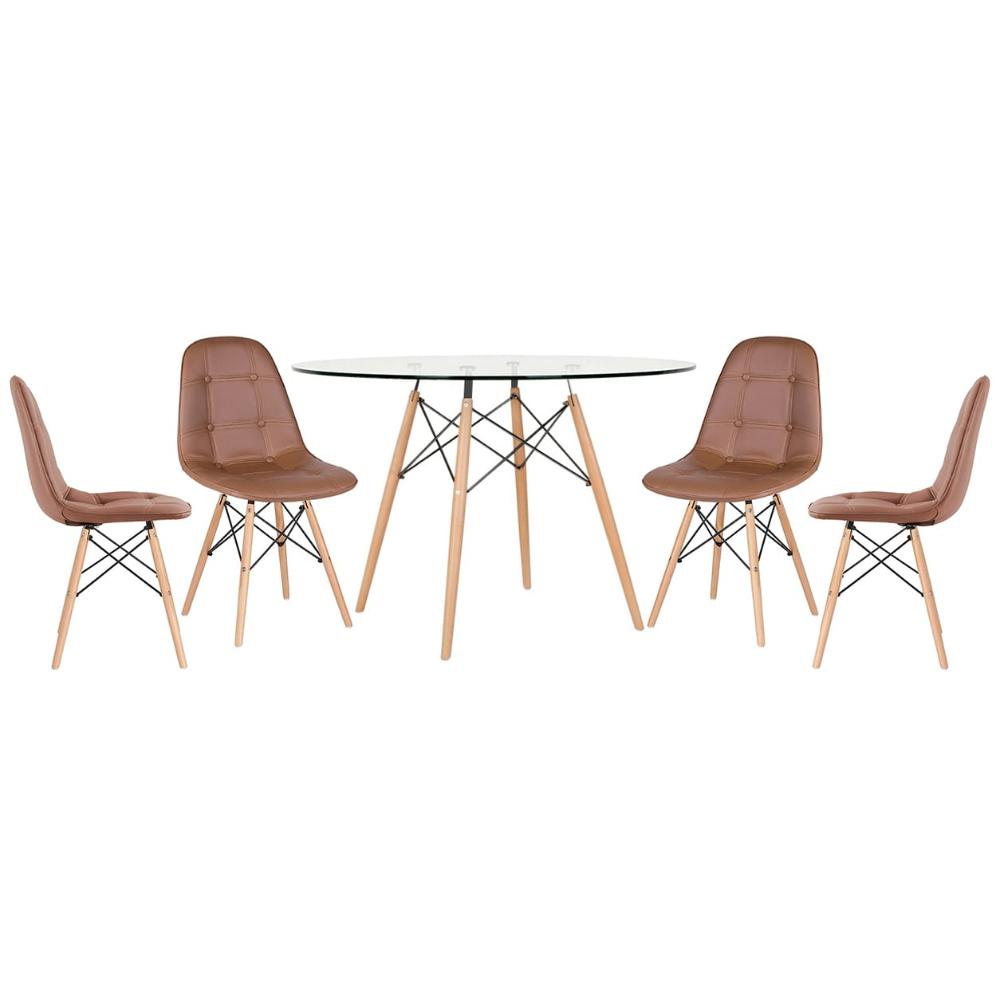 Mesa Eames Com Tampo De Vidro 120 Cm + 4 Cadeiras Estofadas Eiffel Botonê Marrom