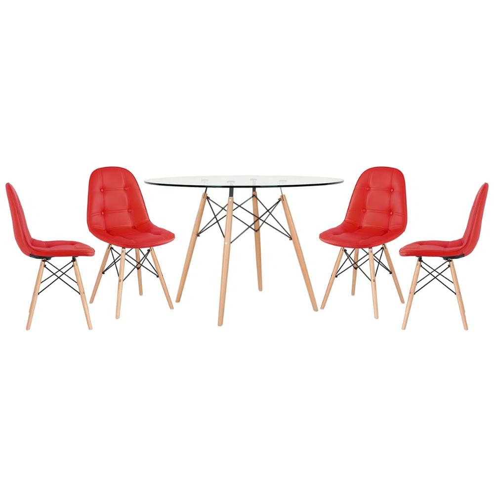 Mesa Eames Com Tampo De Vidro 120 Cm + 4 Cadeiras Estofadas Eiffel Botonê Vermelho