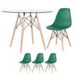 Mesa Redonda Eames Com Tampo De Vidro 100 Cm + 3 Cadeiras Eiffel Dsw Verde Escuro