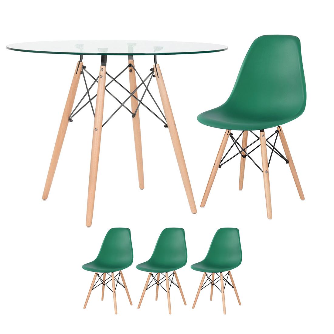 Mesa Redonda Eames Com Tampo De Vidro 100 Cm + 3 Cadeiras Eiffel Dsw Verde Escuro