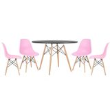 Mesa Redonda Eames 120cm Preto + 4 Cadeiras Rosa Claro