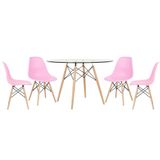 Mesa Redonda Eames 120cm + 4 Cadeiras Rosa Claro Rosa