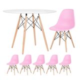 Mesa Redonda Eames 100cm Branco + 5 Cadeiras Rosa Claro