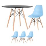 Mesa Redonda Eames 100cm Preto + 3 Cadeiras Azul Claro