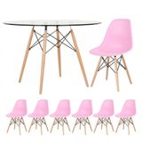 Mesa Redonda Eames 120cm + 6 Cadeiras Rosa Claro