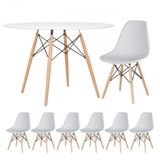 Mesa Redonda Eames 120cm Branco + 6 Cadeiras Cinza Claro