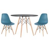 Mesa Redonda Eames 100cm Preto + 2 Cadeiras Turquesa