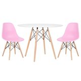 Mesa Redonda Eames 100cm Branco + 2 Cadeiras Rosa Claro