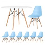 Mesa Redonda Eames 120cm Branco + 6 Cadeiras Azul Claro